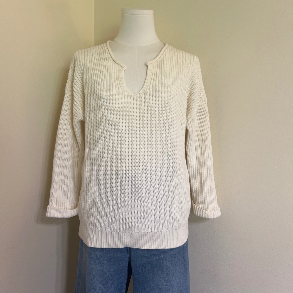 Gap For Good Women Cream 100% Cotton Shaker Stitch Notch Neck Sweater Small